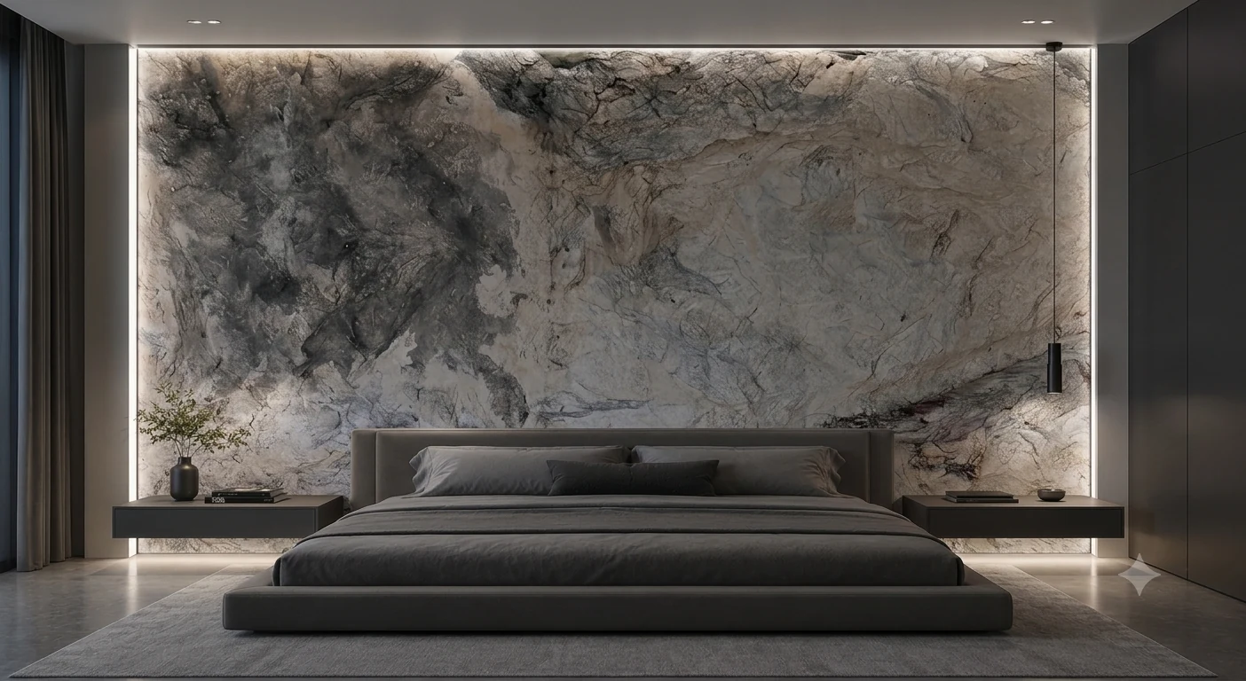 Mur décoratif intérieur faux rocher imitation pierre naturelle – tête de lit chambre contemporaine éclairage indirect