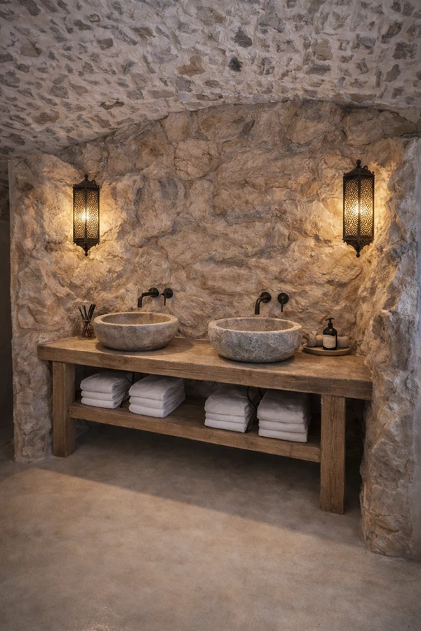 Décor grotte en faux rocher polyester – habillage mur rocher pour salle de bain