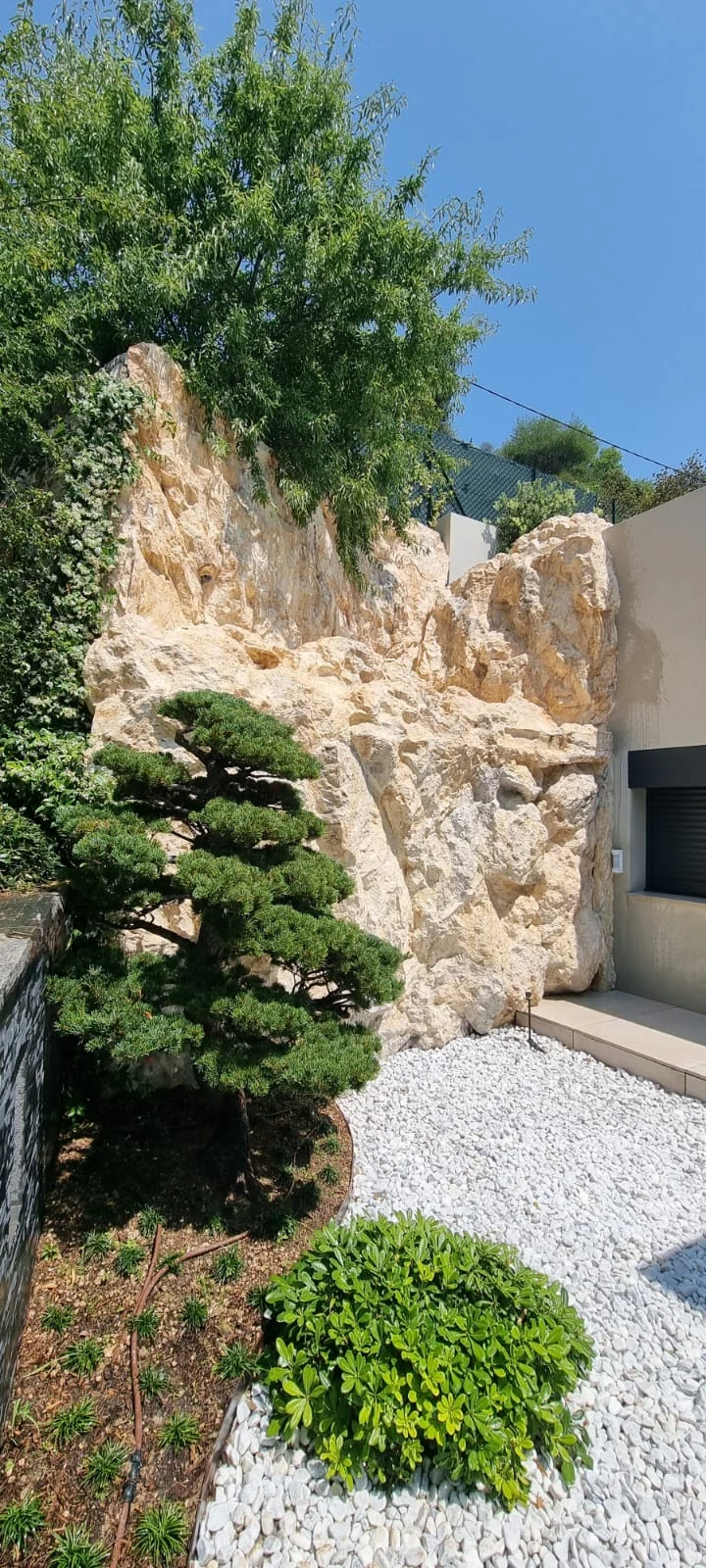 Décor naturel faux rochers avec bonsaï et galets